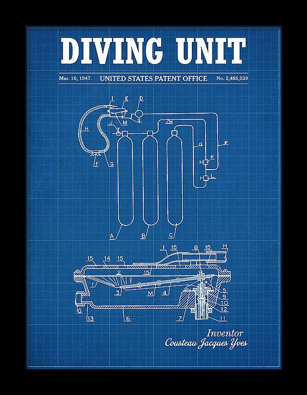 Diving Unit Cousteau Aqua Lung Blueprint Patent Us2485039a