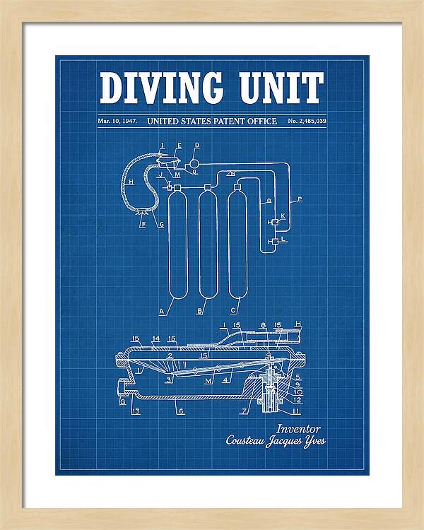 Diving Unit Cousteau Aqua Lung Blueprint Patent Us2485039a
