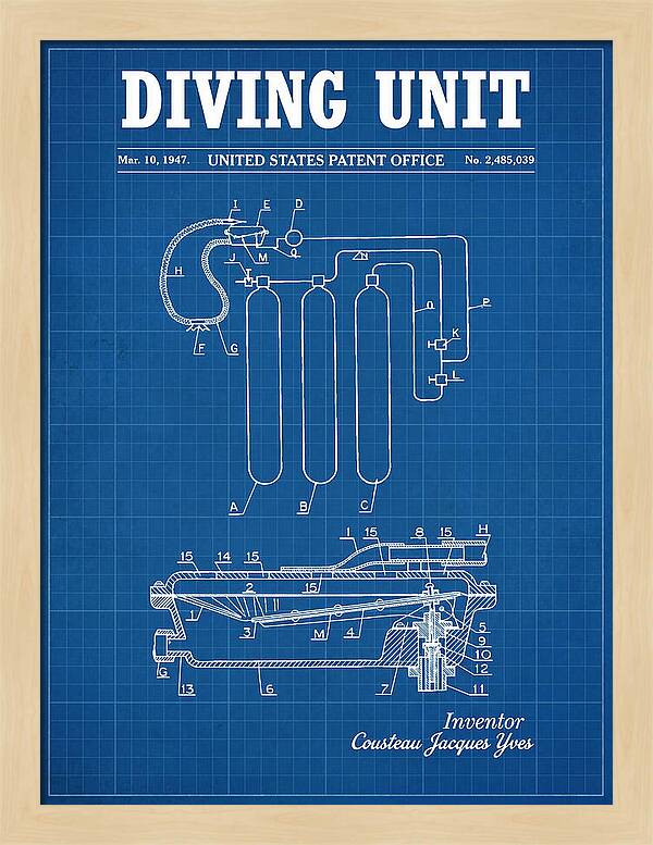 Diving Unit Cousteau Aqua Lung Blueprint Patent Us2485039a