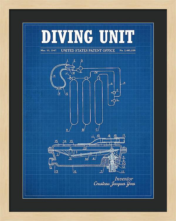 Diving Unit Cousteau Aqua Lung Blueprint Patent Us2485039a