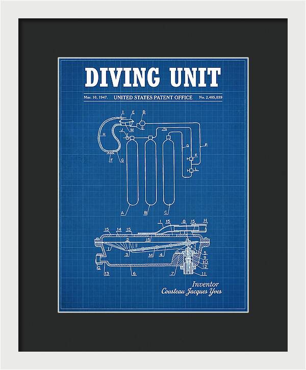 Diving Unit Cousteau Aqua Lung Blueprint Patent Us2485039a