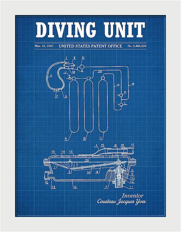 Diving Unit Cousteau Aqua Lung Blueprint Patent Us2485039a