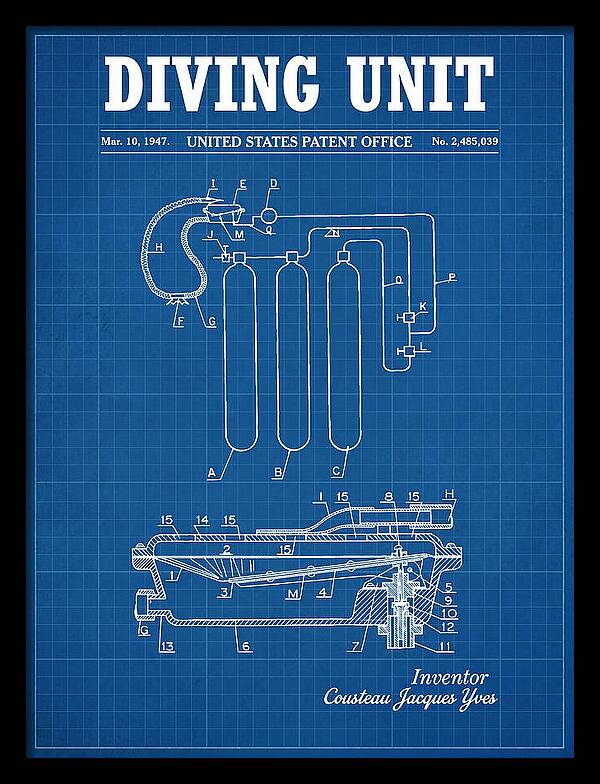 Diving Unit Cousteau Aqua Lung Blueprint Patent Us2485039a