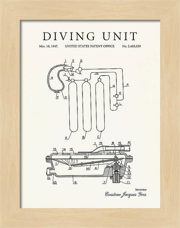 Diving Unit Cousteau Aqua Lung Minimalist Patent Us2485039a