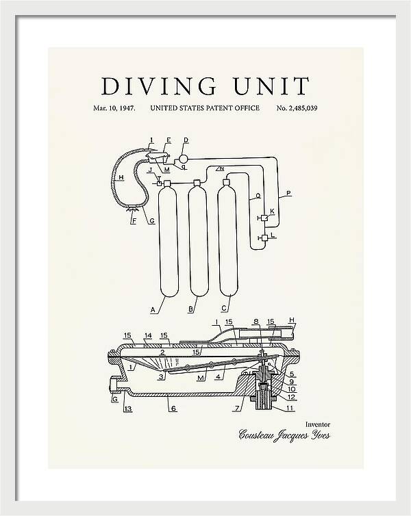 Diving Unit Cousteau Aqua Lung Minimalist Patent Us2485039a