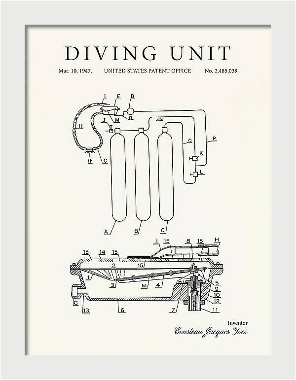 Diving Unit Cousteau Aqua Lung Minimalist Patent Us2485039a
