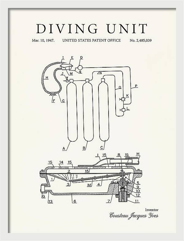 Diving Unit Cousteau Aqua Lung Minimalist Patent Us2485039a