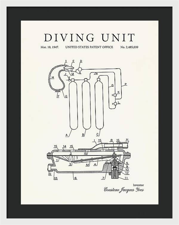 Diving Unit Cousteau Aqua Lung Minimalist Patent Us2485039a