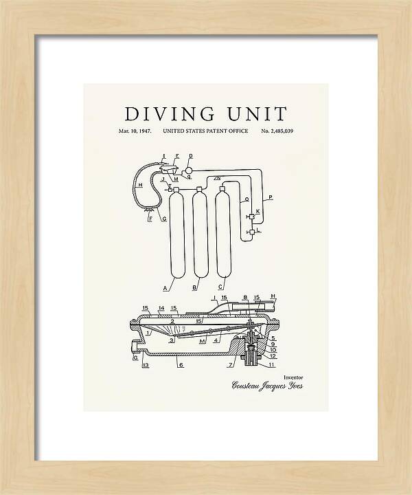 Diving Unit Cousteau Aqua Lung Minimalist Patent Us2485039a