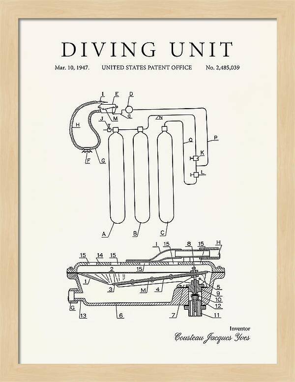 Diving Unit Cousteau Aqua Lung Minimalist Patent Us2485039a