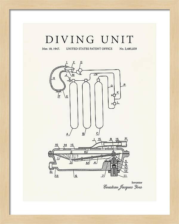 Diving Unit Cousteau Aqua Lung Minimalist Patent Us2485039a