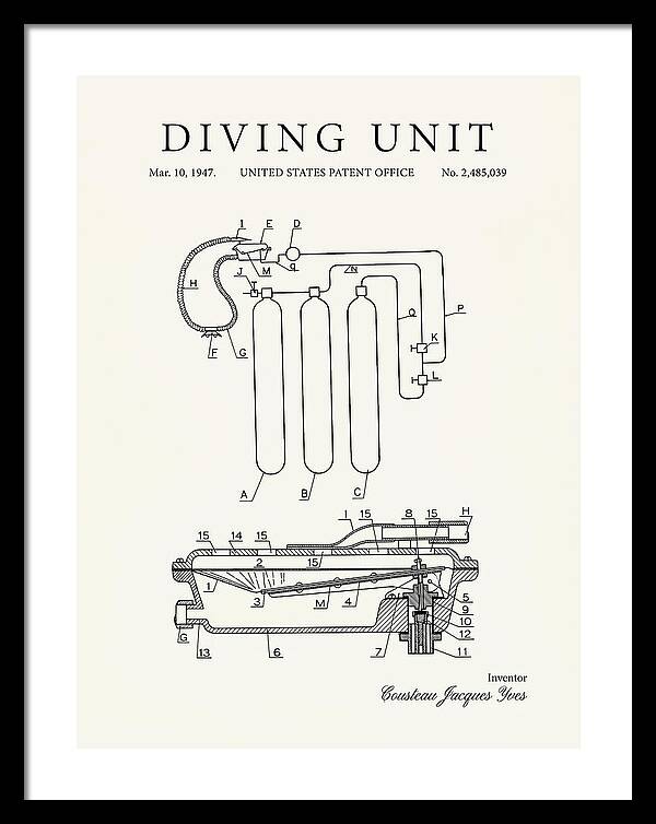 Diving Unit Cousteau Aqua Lung Minimalist Patent Us2485039a