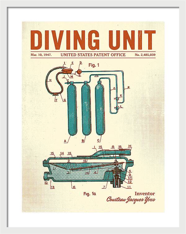 Diving Unit Cousteau Aqua Lung Retro Patent Us2485039a