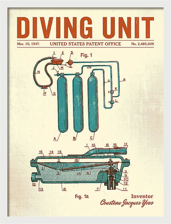 Diving Unit Cousteau Aqua Lung Retro Patent Us2485039a