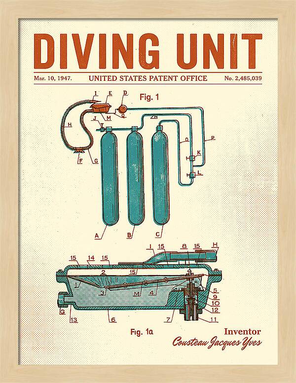 Diving Unit Cousteau Aqua Lung Retro Patent Us2485039a
