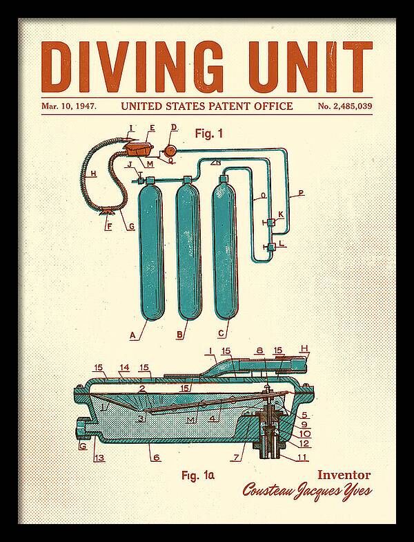 Diving Unit Cousteau Aqua Lung Retro Patent Us2485039a