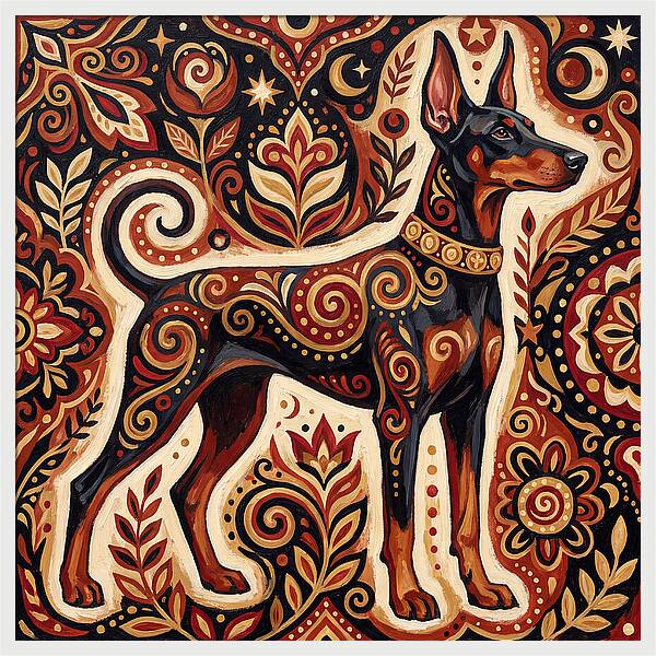 Doberman In Folk Art Style
