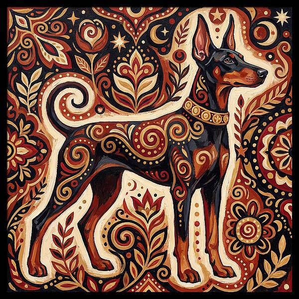 Doberman In Folk Art Style