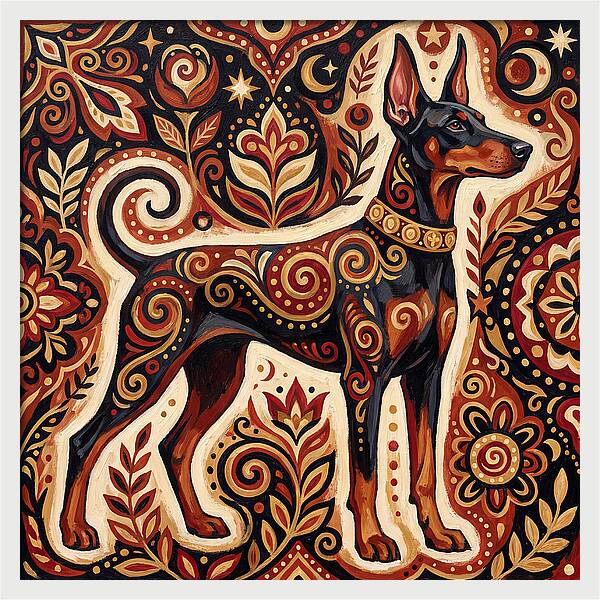 Doberman In Folk Art Style