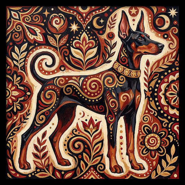 Doberman In Folk Art Style