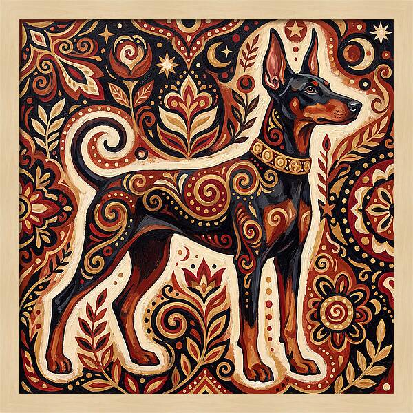 Doberman In Folk Art Style