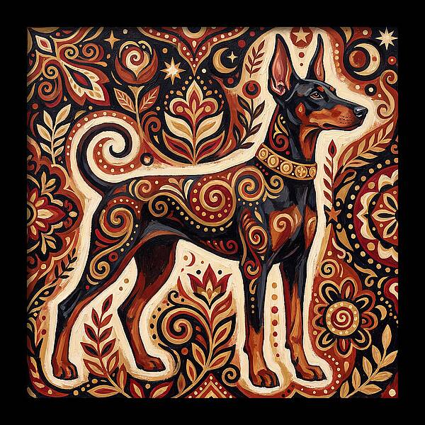 Doberman In Folk Art Style