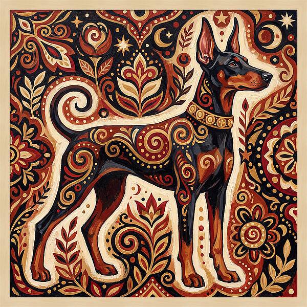 Doberman In Folk Art Style