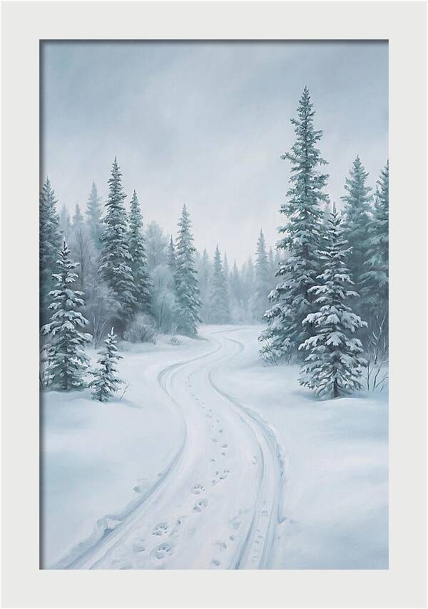 Dog Sled Trail Through Snowy Forest