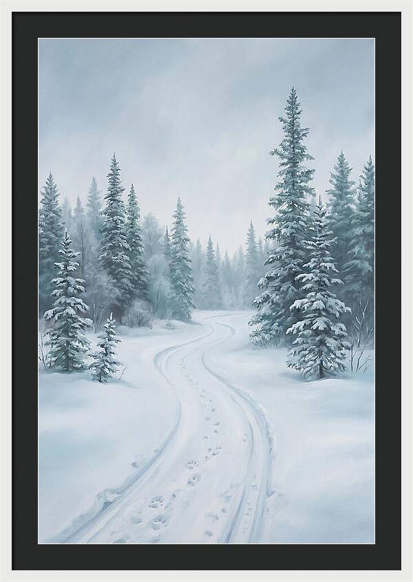 Dog Sled Trail Through Snowy Forest