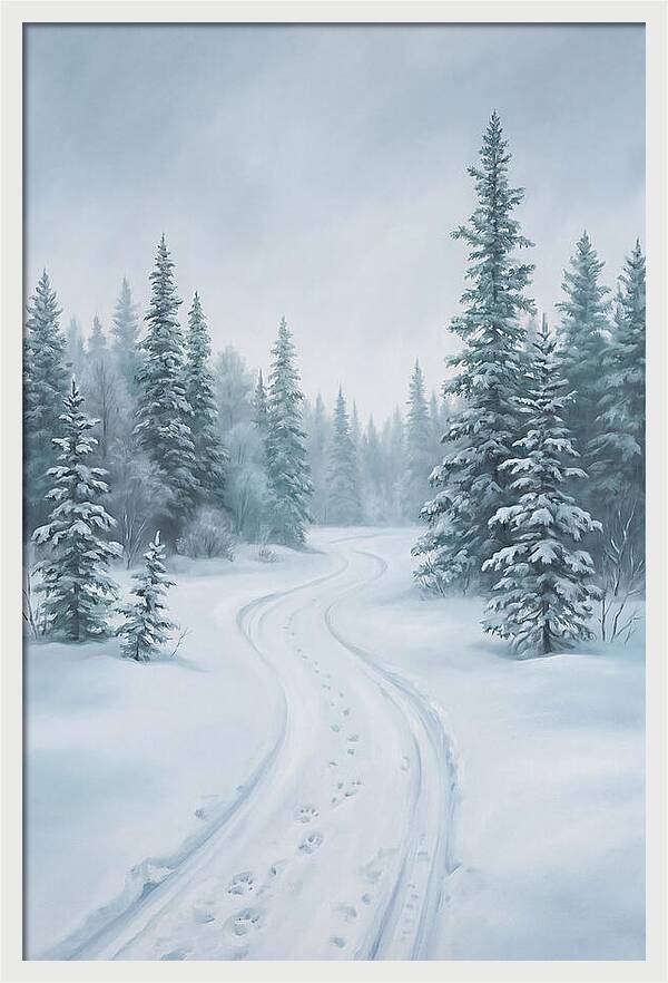 Dog Sled Trail Through Snowy Forest