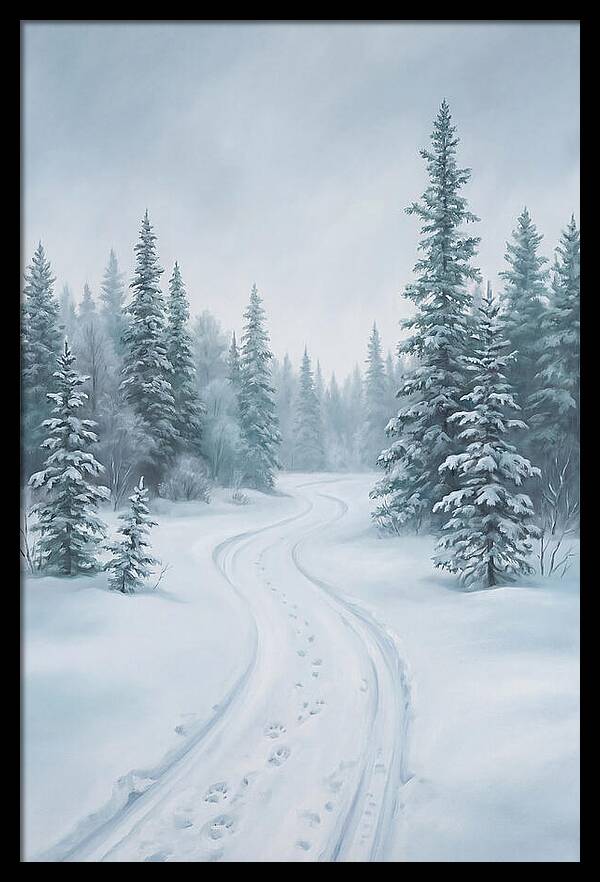 Dog Sled Trail Through Snowy Forest