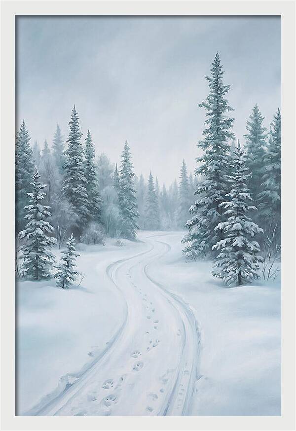 Dog Sled Trail Through Snowy Forest