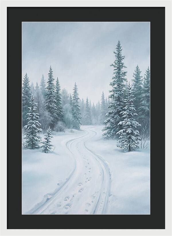 Dog Sled Trail Through Snowy Forest