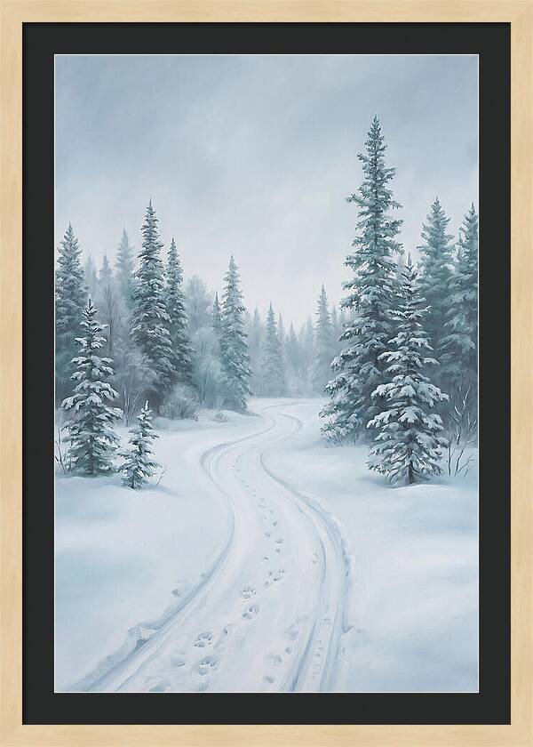 Dog Sled Trail Through Snowy Forest