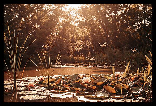 Dragonflies Over Summer Lily Pond