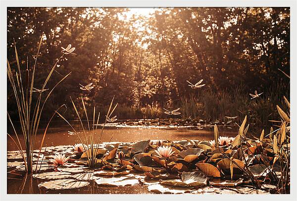 Dragonflies Over Summer Lily Pond