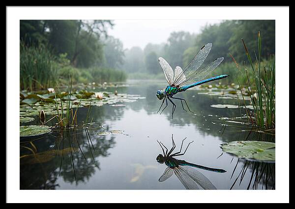 Dragonfly Hovering Over Pond