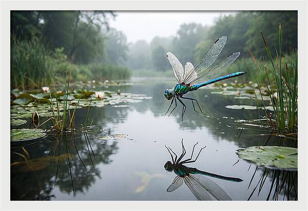 Dragonfly Hovering Over Pond