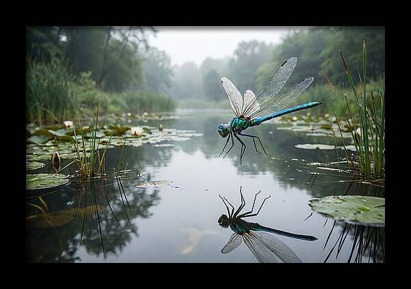 Dragonfly Hovering Over Pond