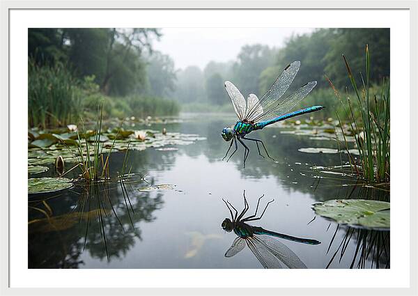 Dragonfly Hovering Over Pond