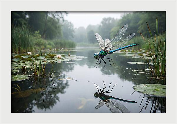 Dragonfly Hovering Over Pond
