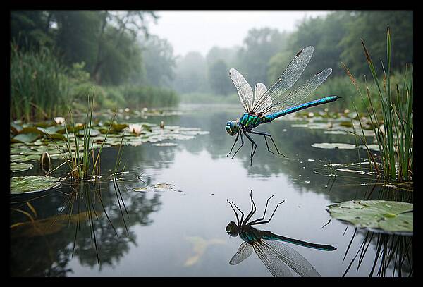 Dragonfly Hovering Over Pond