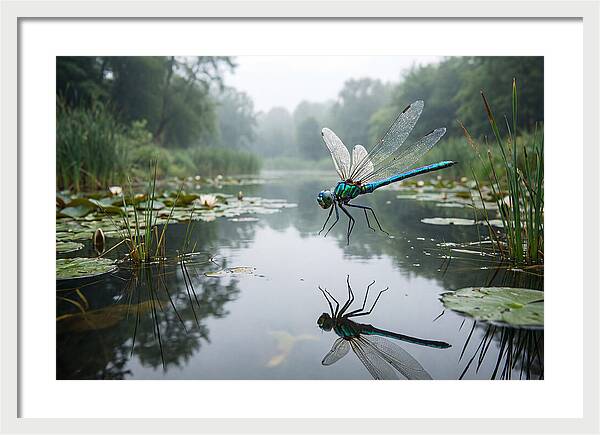 Dragonfly Hovering Over Pond