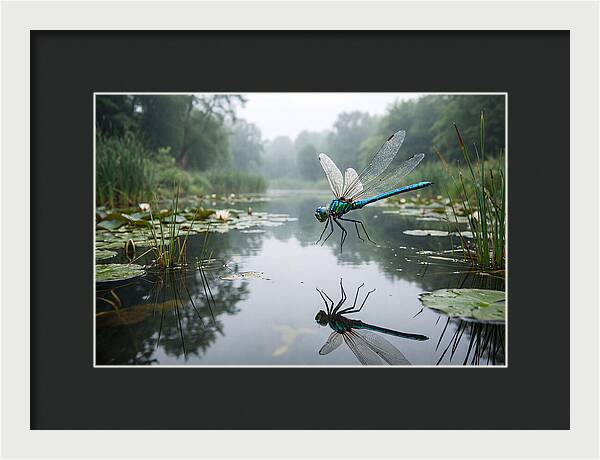 Dragonfly Hovering Over Pond