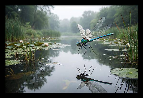 Dragonfly Hovering Over Pond