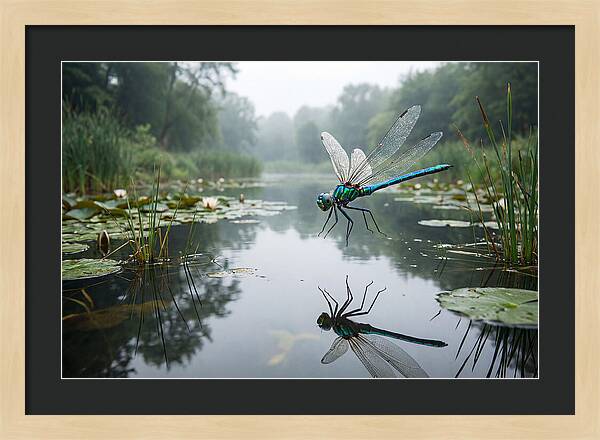 Dragonfly Hovering Over Pond