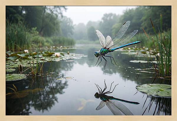Dragonfly Hovering Over Pond