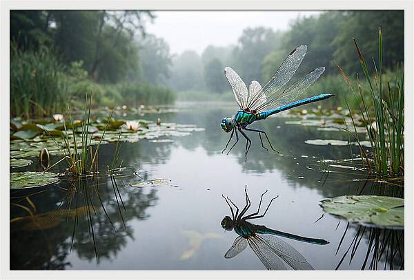 Dragonfly Hovering Over Pond