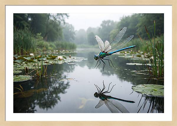 Dragonfly Hovering Over Pond