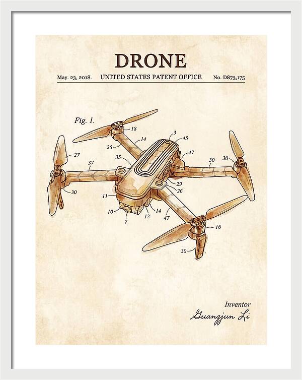Drone Quadcopter Watercolor Patent Usd873175s1